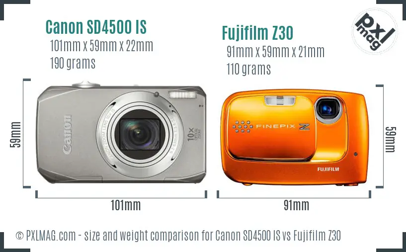 Canon SD4500 IS vs Fujifilm Z30 size comparison