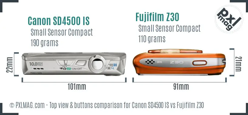 Canon SD4500 IS vs Fujifilm Z30 top view buttons comparison