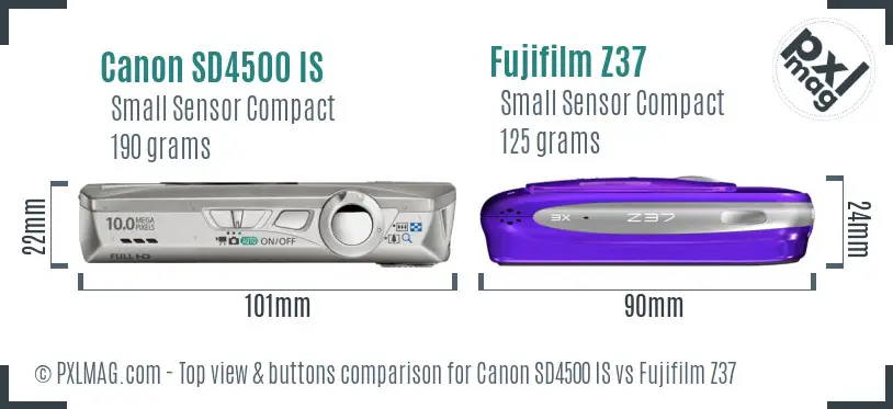 Canon SD4500 IS vs Fujifilm Z37 top view buttons comparison Canon SD4500 IS vs Fujifilm Z37 top view buttons comparison