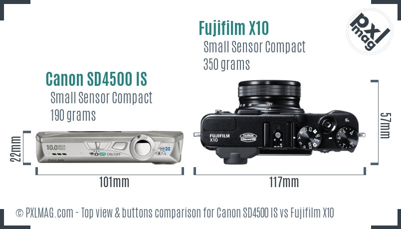 Canon SD4500 IS vs Fujifilm X10 top view buttons comparison