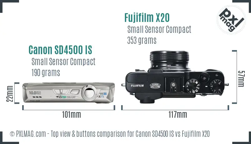 Canon SD4500 IS vs Fujifilm X20 top view buttons comparison