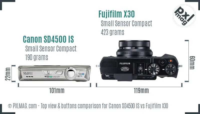 Canon SD4500 IS vs Fujifilm X30 top view buttons comparison