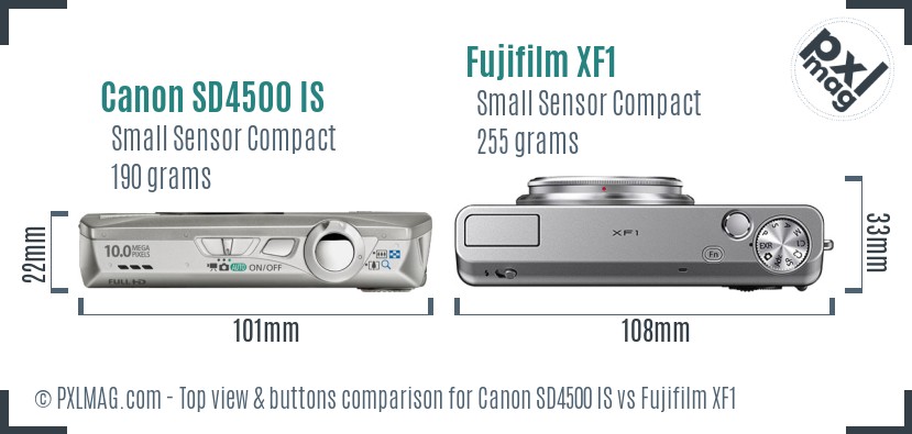 Canon SD4500 IS vs Fujifilm XF1 top view buttons comparison