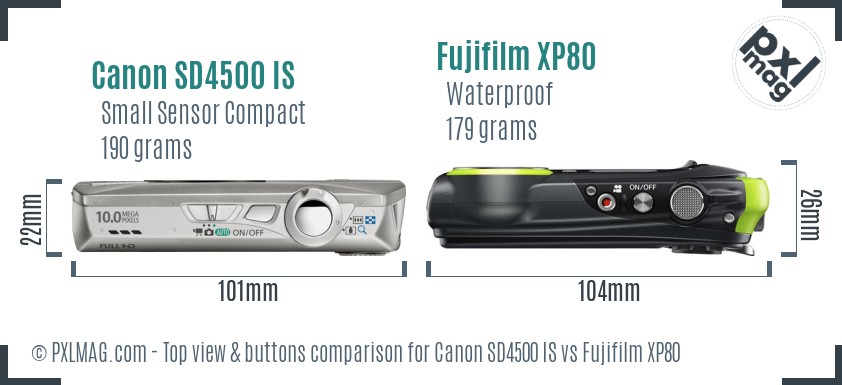 Canon SD4500 IS vs Fujifilm XP80 top view buttons comparison