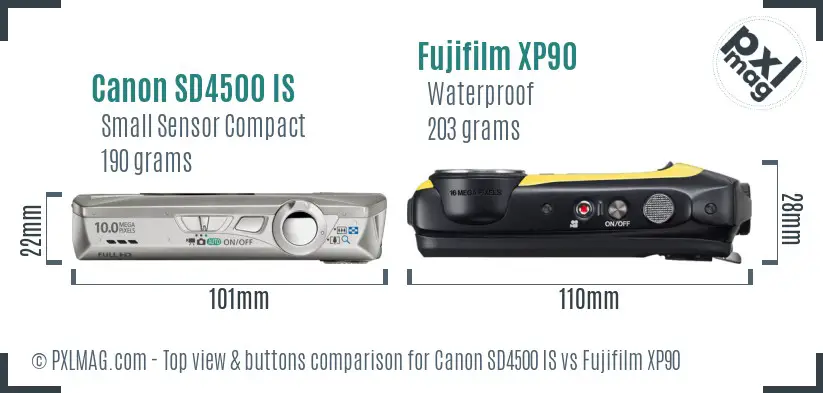 Canon SD4500 IS vs Fujifilm XP90 top view buttons comparison