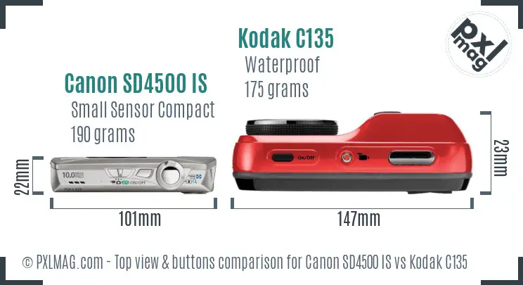 Canon SD4500 IS vs Kodak C135 top view buttons comparison