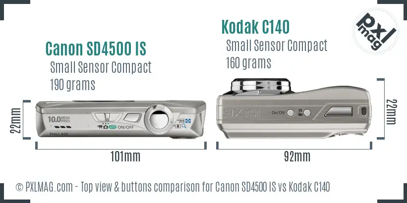 Canon SD4500 IS vs Kodak C140 top view buttons comparison