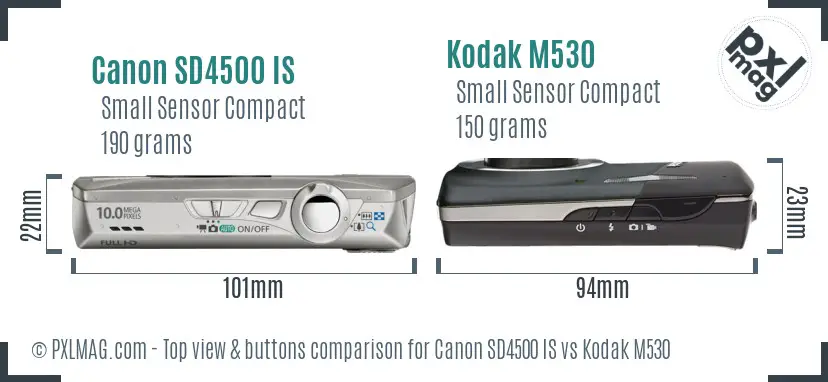 Canon SD4500 IS vs Kodak M530 top view buttons comparison