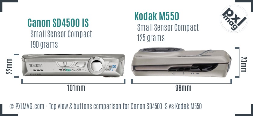 Canon SD4500 IS vs Kodak M550 top view buttons comparison