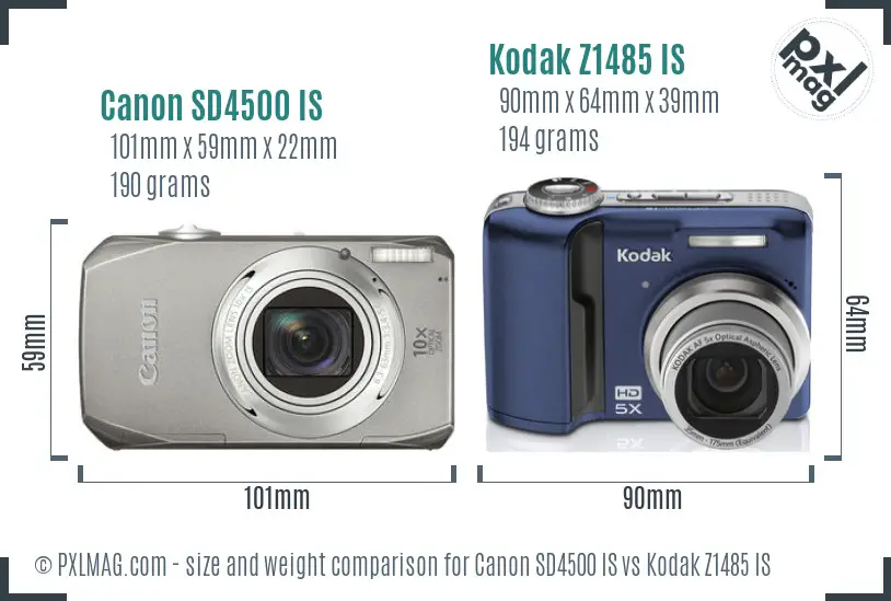 Canon SD4500 IS vs Kodak Z1485 IS size comparison