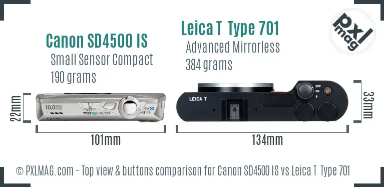 Canon SD4500 IS vs Leica T  Type 701 top view buttons comparison