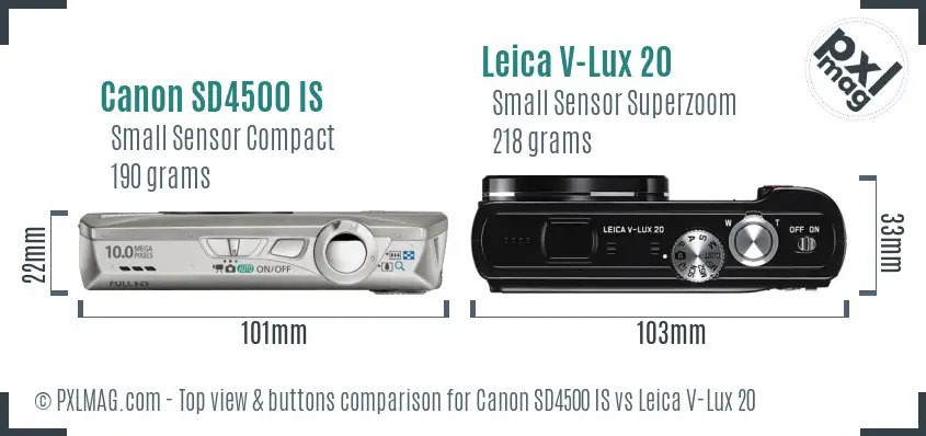 Canon SD4500 IS vs Leica V-Lux 20 top view buttons comparison