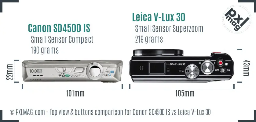 Canon SD4500 IS vs Leica V-Lux 30 top view buttons comparison