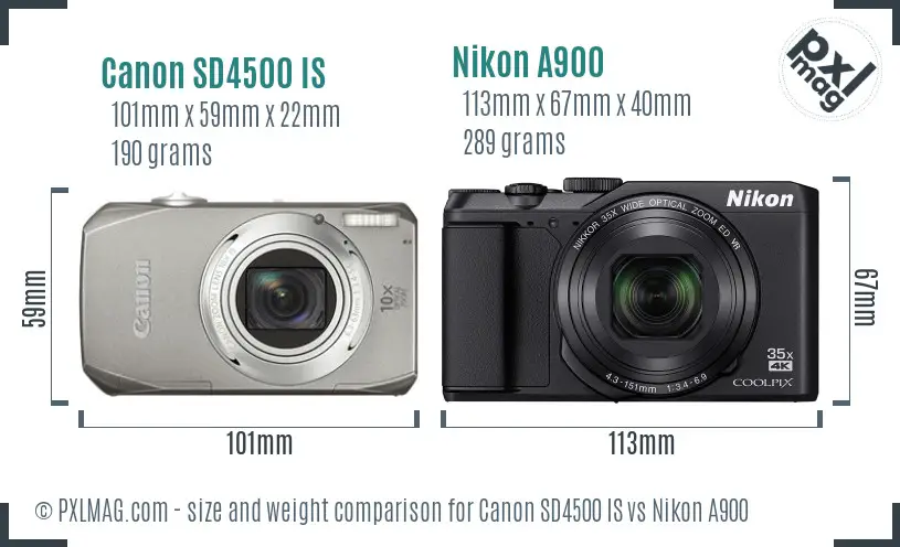 Canon SD4500 IS vs Nikon A900 size comparison