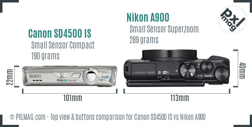 Canon SD4500 IS vs Nikon A900 top view buttons comparison