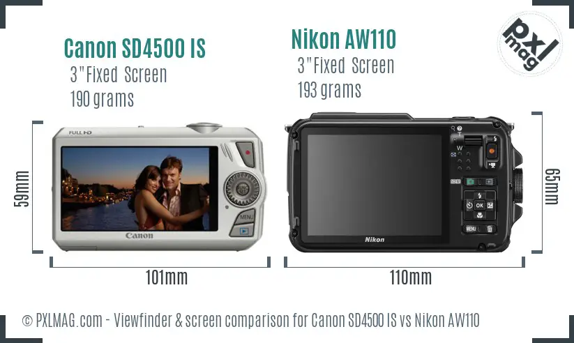 Canon SD4500 IS vs Nikon AW110 Screen and Viewfinder comparison
