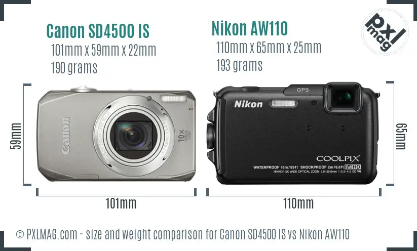 Canon SD4500 IS vs Nikon AW110 size comparison