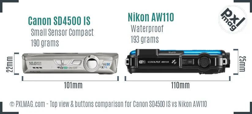 Canon SD4500 IS vs Nikon AW110 top view buttons comparison