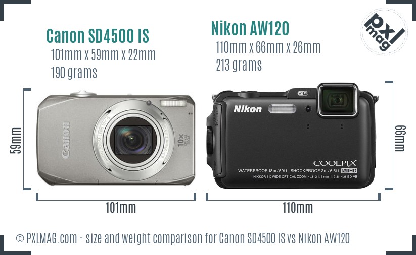 Canon SD4500 IS vs Nikon AW120 size comparison