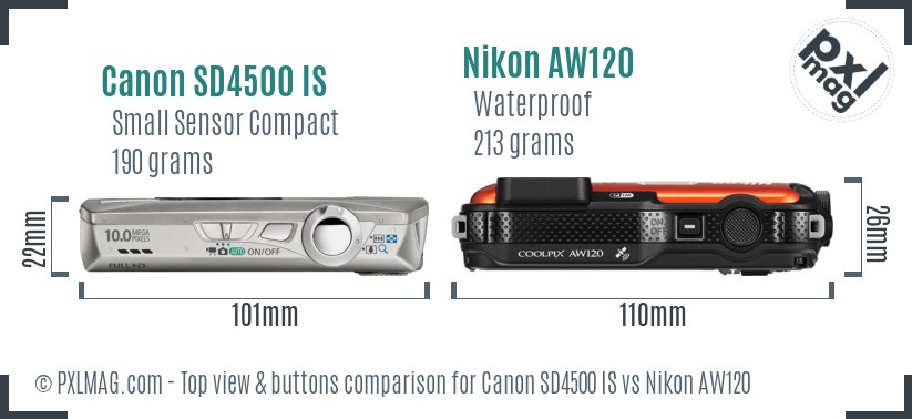 Canon SD4500 IS vs Nikon AW120 top view buttons comparison