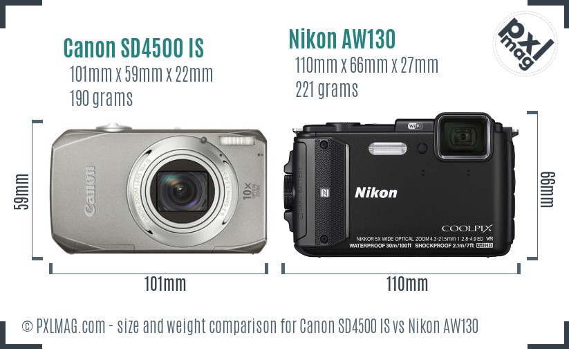 Canon SD4500 IS vs Nikon AW130 size comparison Canon SD4500 IS vs Nikon AW130 size comparison