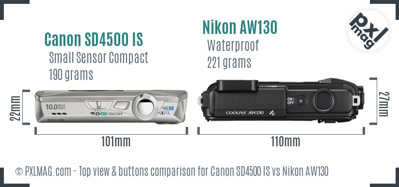 Canon SD4500 IS vs Nikon AW130 top view buttons comparison