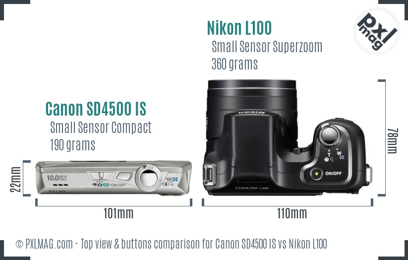 Canon SD4500 IS vs Nikon L100 top view buttons comparison