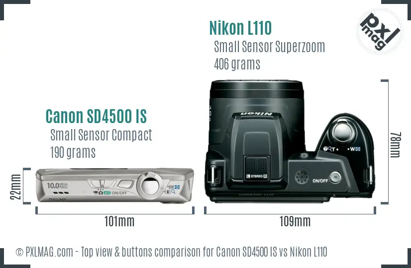 Canon SD4500 IS vs Nikon L110 top view buttons comparison Canon SD4500 IS vs Nikon L110 top view buttons comparison