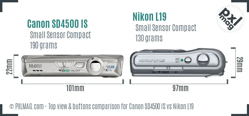 Canon SD4500 IS vs Nikon L19 top view buttons comparison