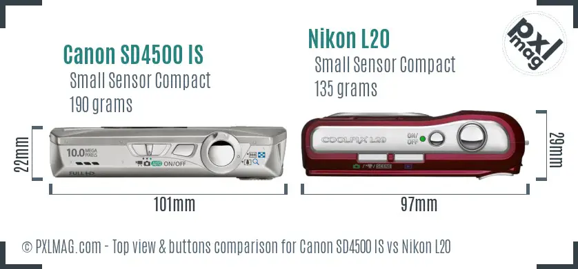Canon SD4500 IS vs Nikon L20 top view buttons comparison Canon SD4500 IS vs Nikon L20 top view buttons comparison