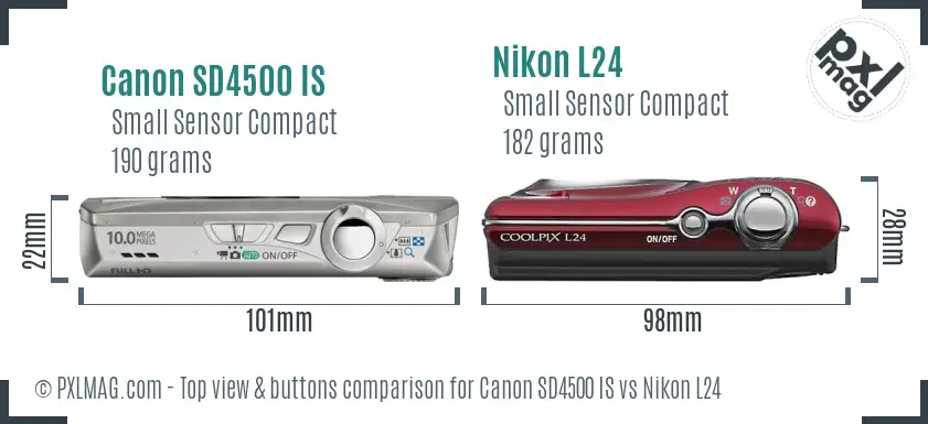 Canon SD4500 IS vs Nikon L24 top view buttons comparison Canon SD4500 IS vs Nikon L24 top view buttons comparison