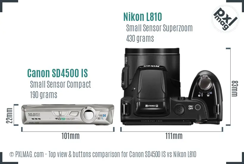 Canon SD4500 IS vs Nikon L810 top view buttons comparison Canon SD4500 IS vs Nikon L810 top view buttons comparison