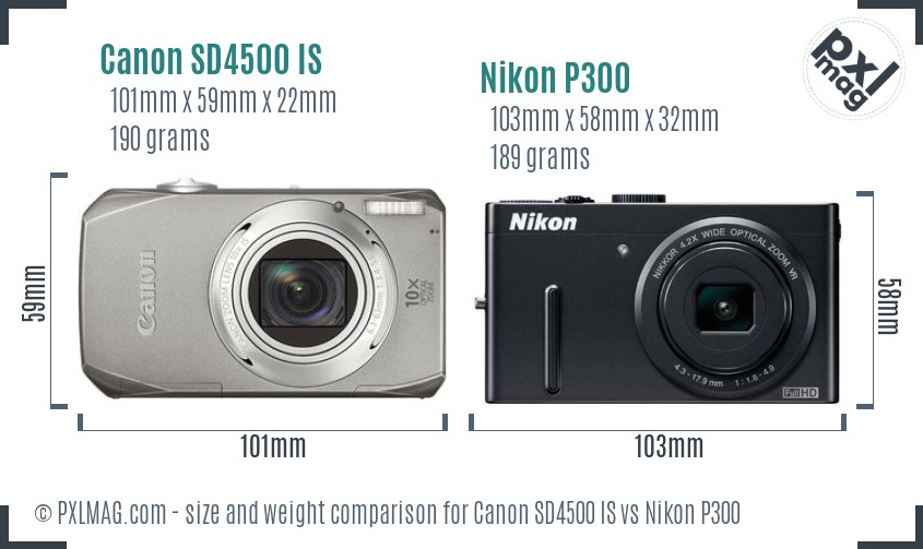 Canon SD4500 IS vs Nikon P300 size comparison