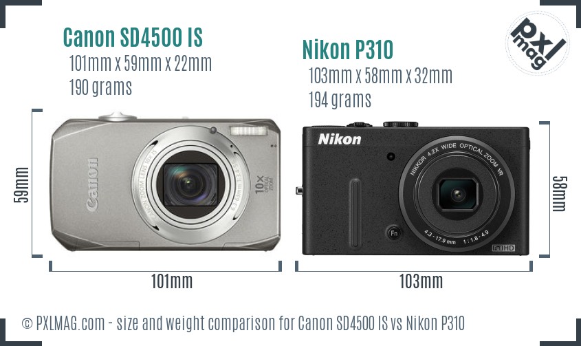Canon SD4500 IS vs Nikon P310 size comparison