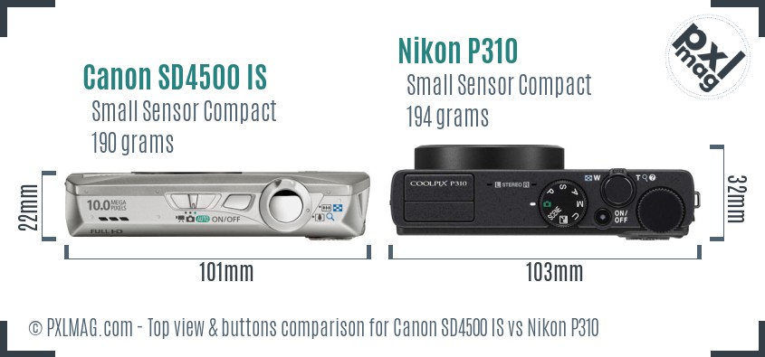 Canon SD4500 IS vs Nikon P310 top view buttons comparison