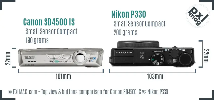 Canon SD4500 IS vs Nikon P330 top view buttons comparison Canon SD4500 IS vs Nikon P330 top view buttons comparison