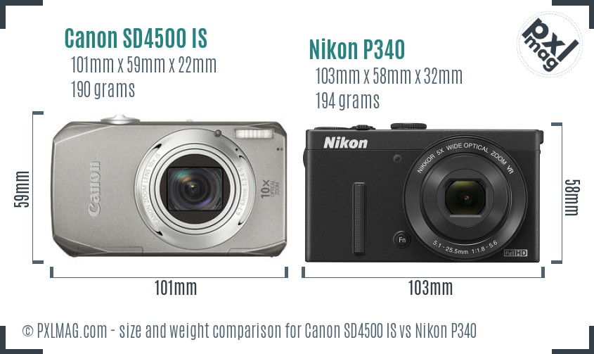 Canon SD4500 IS vs Nikon P340 size comparison