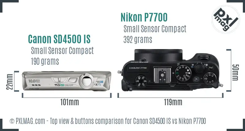 Canon SD4500 IS vs Nikon P7700 top view buttons comparison