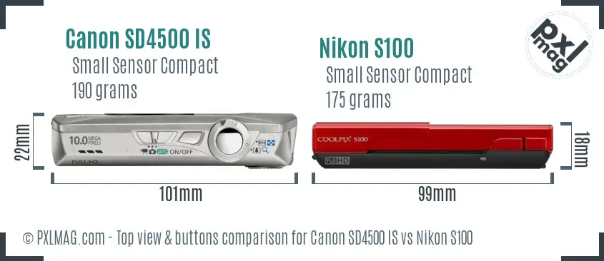 Canon SD4500 IS vs Nikon S100 top view buttons comparison