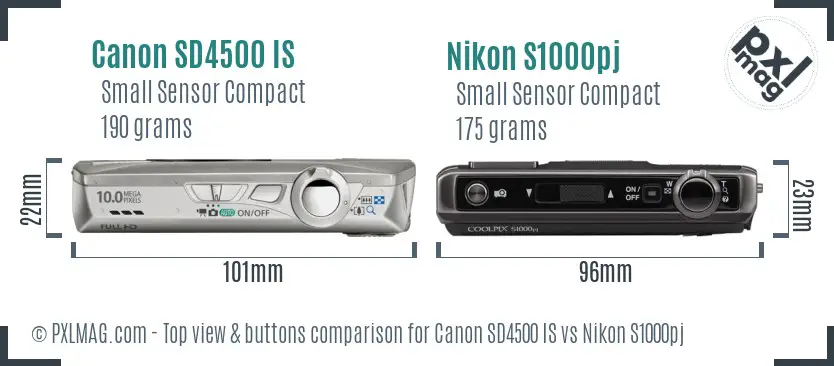 Canon SD4500 IS vs Nikon S1000pj top view buttons comparison