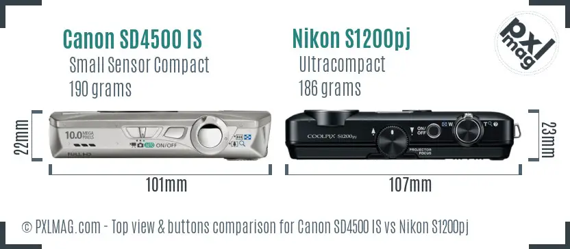 Canon SD4500 IS vs Nikon S1200pj top view buttons comparison