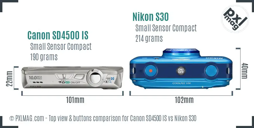 Canon SD4500 IS vs Nikon S30 top view buttons comparison