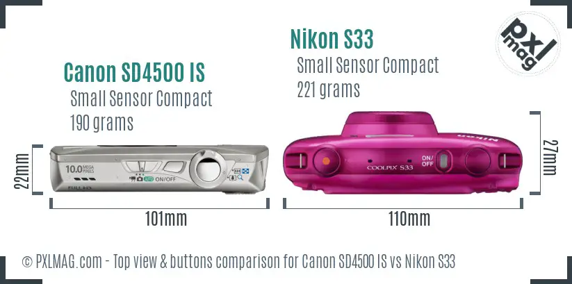 Canon SD4500 IS vs Nikon S33 top view buttons comparison Canon SD4500 IS vs Nikon S33 top view buttons comparison
