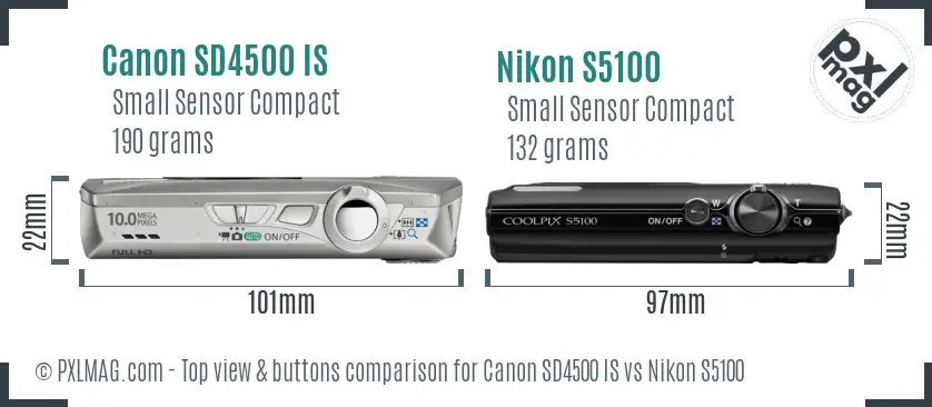 Canon SD4500 IS vs Nikon S5100 top view buttons comparison Canon SD4500 IS vs Nikon S5100 top view buttons comparison