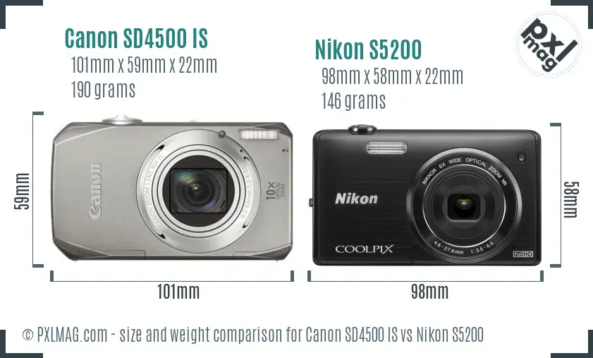 Canon SD4500 IS vs Nikon S5200 size comparison