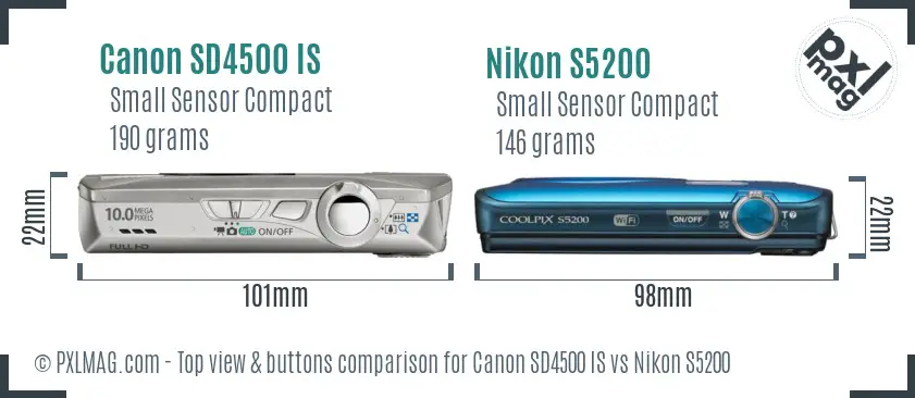 Canon SD4500 IS vs Nikon S5200 top view buttons comparison