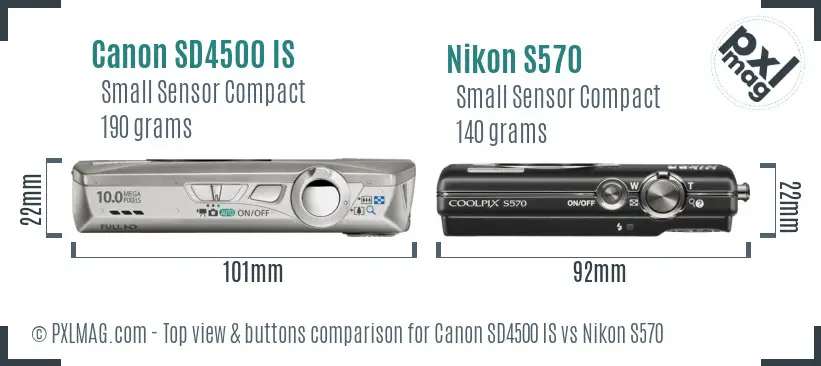 Canon SD4500 IS vs Nikon S570 top view buttons comparison Canon SD4500 IS vs Nikon S570 top view buttons comparison