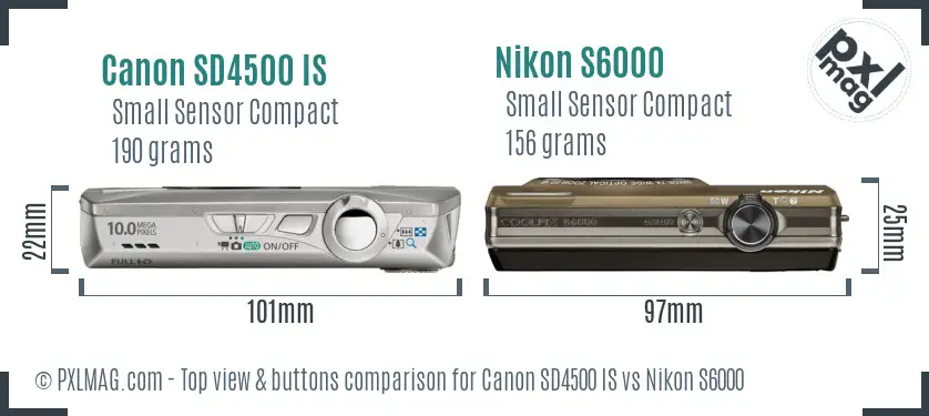 Canon SD4500 IS vs Nikon S6000 top view buttons comparison