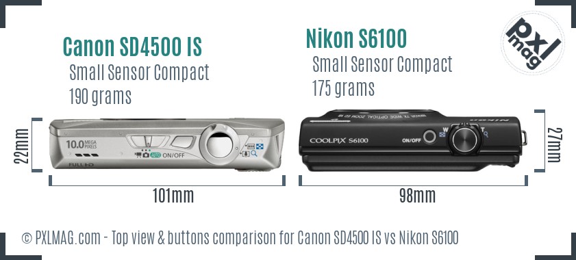 Canon SD4500 IS vs Nikon S6100 top view buttons comparison