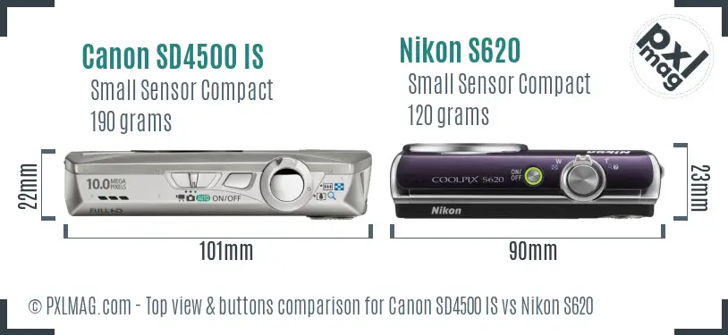 Canon SD4500 IS vs Nikon S620 top view buttons comparison